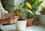 The yellowing gleaves of an indoor plant