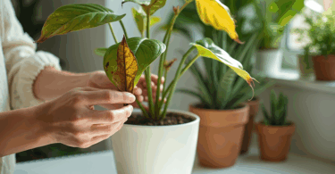 The yellowing gleaves of an indoor plant